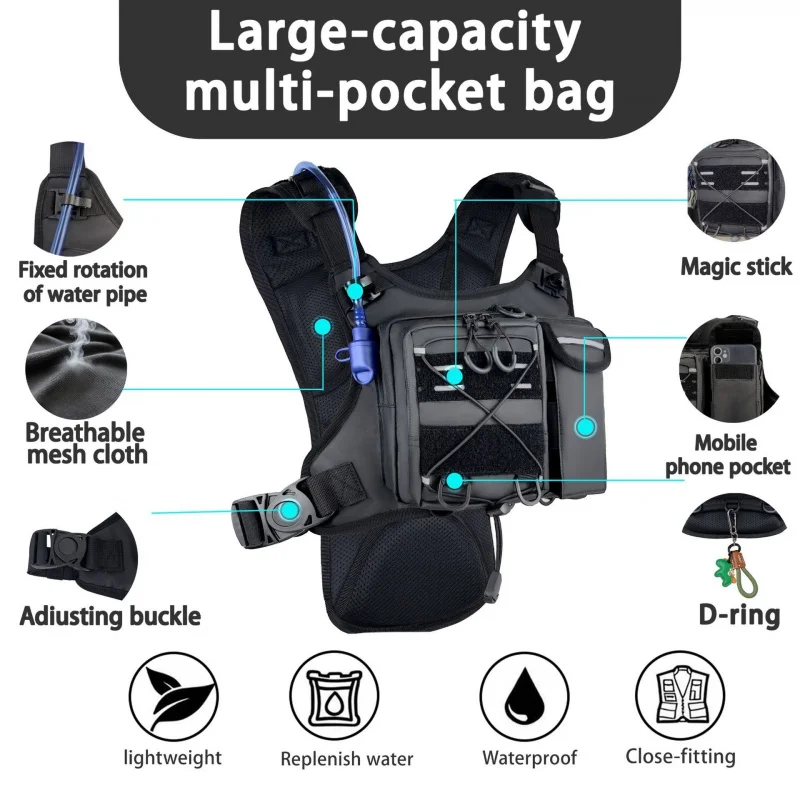 Reflective Cycling Vest - ​ 高品質タクティカルベストチェストバッグ、2Lウォーターブラダー付き、軽量調整可能ギアホルスター反射バッグ、ランニングサイクリング用